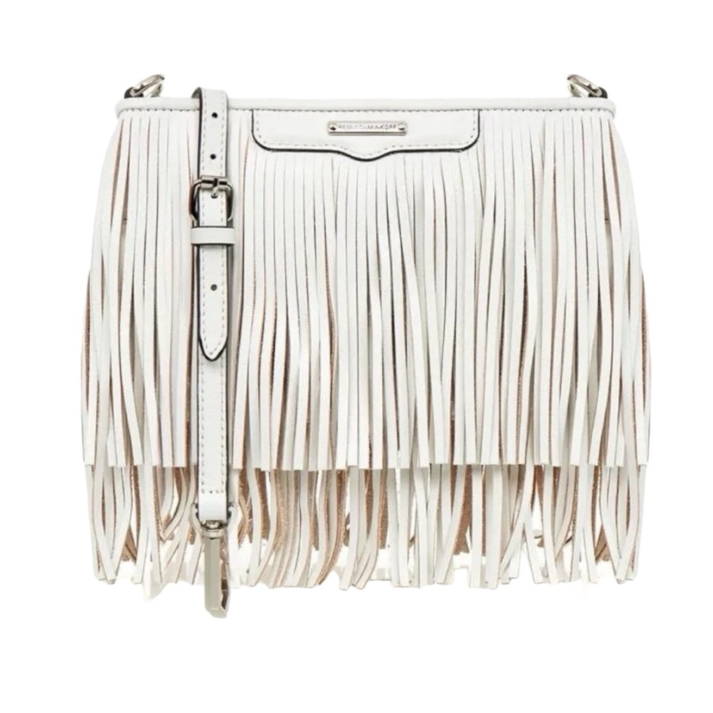 REBECCA MINKOFF Finn White Leather Fringe convertible Clutch/Crossbody Bag